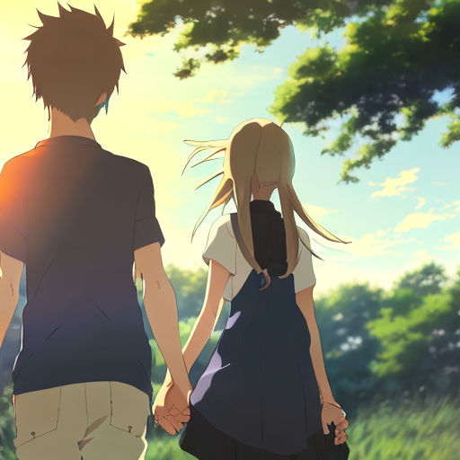 anime holding hands and walking