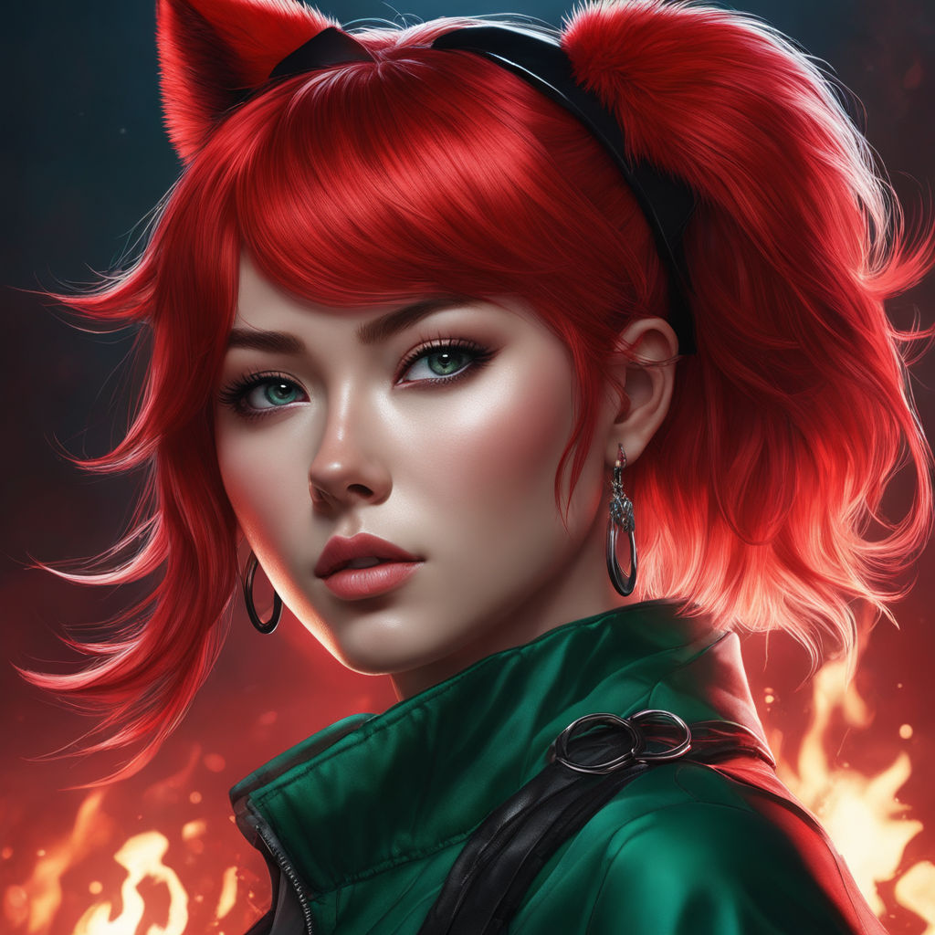 Cyberpunk anime character with red hair and cat ears