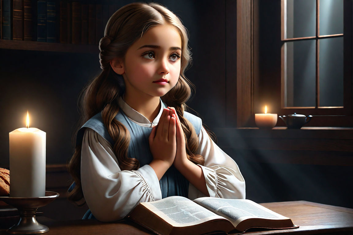 cute small girl praying in the church and Jesus giving blessing