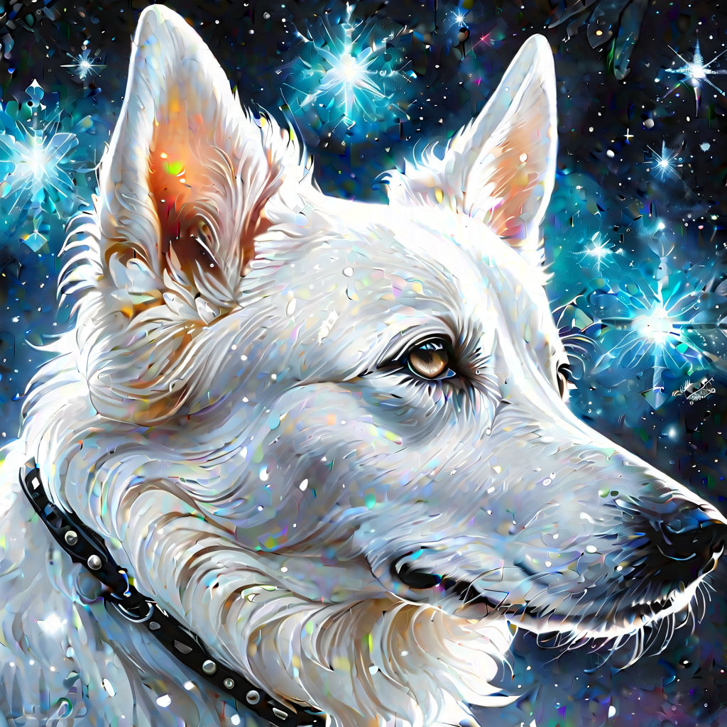 whitwhite wolf on a starry night in the forest