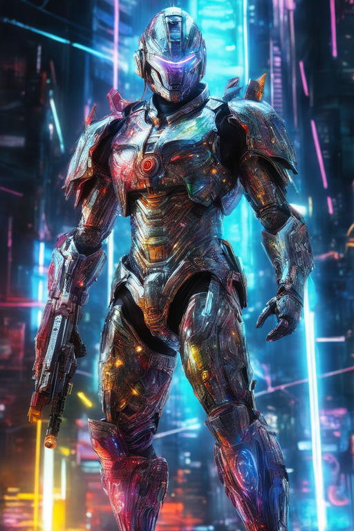 male Robocop with pink and purple armor