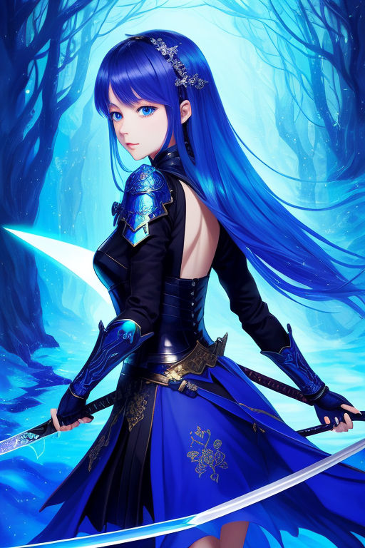 anime girl with blue hair and sword