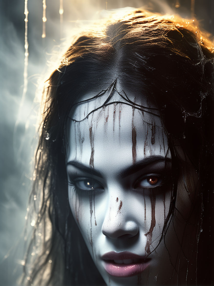 Banshee cinematic portrait of scary pale goth girl with intimidating stare  in Spooky World - Playground