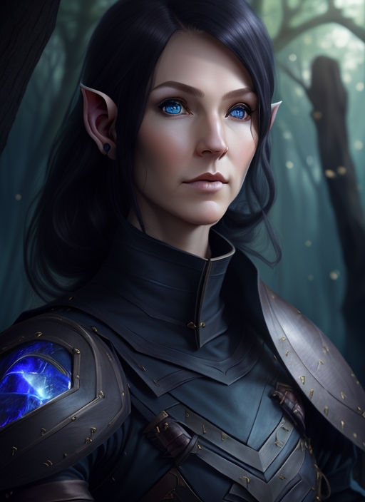 worn-walrus279: Half-elf female with long black hair liquid golden eyes  with a dark barmaid outfit