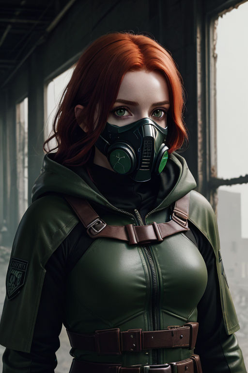 and green eyes. She wore a green armored Hazmat suit and gas mask