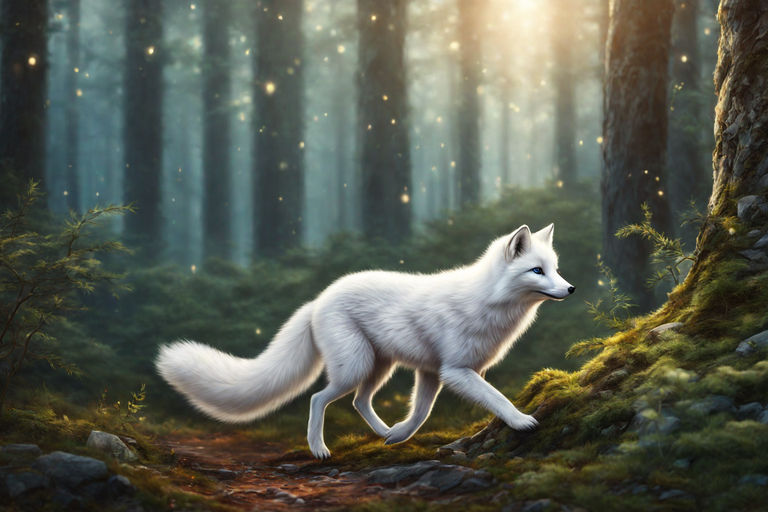 White wolf in the forest surrounded by fireflies