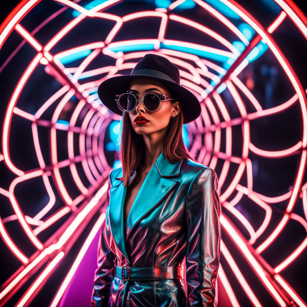 Cyberpunk, girl, workstation, neon, space, fish-eye view