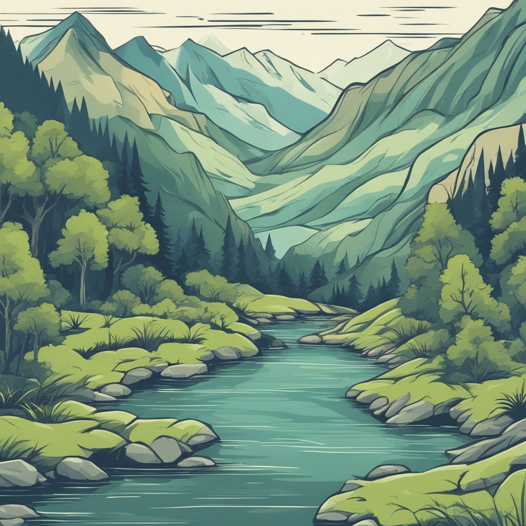 Mountain landscape with firs and river sketch Vector Image