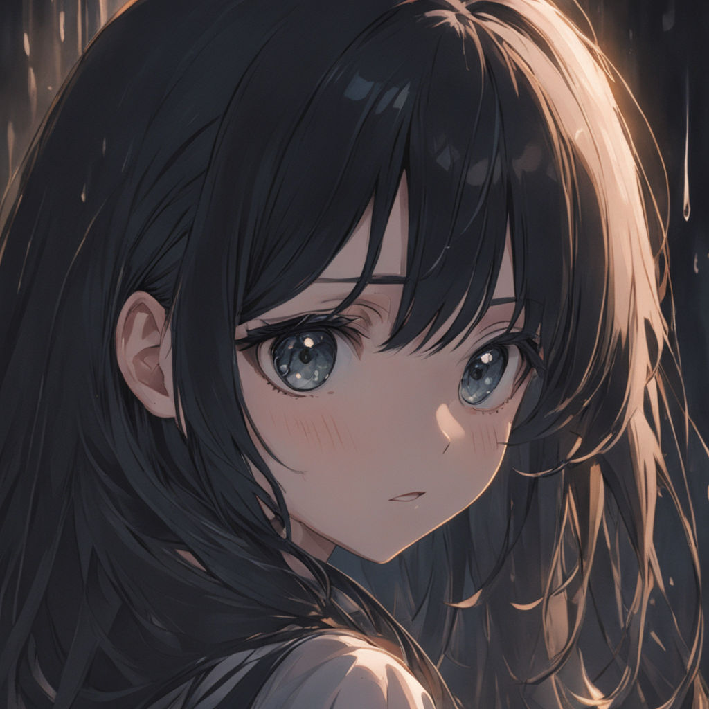 sad anime girl crying with brown hair and blue eyes