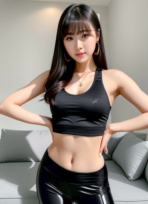 is wearing a white close-fitting sports bra and black tight