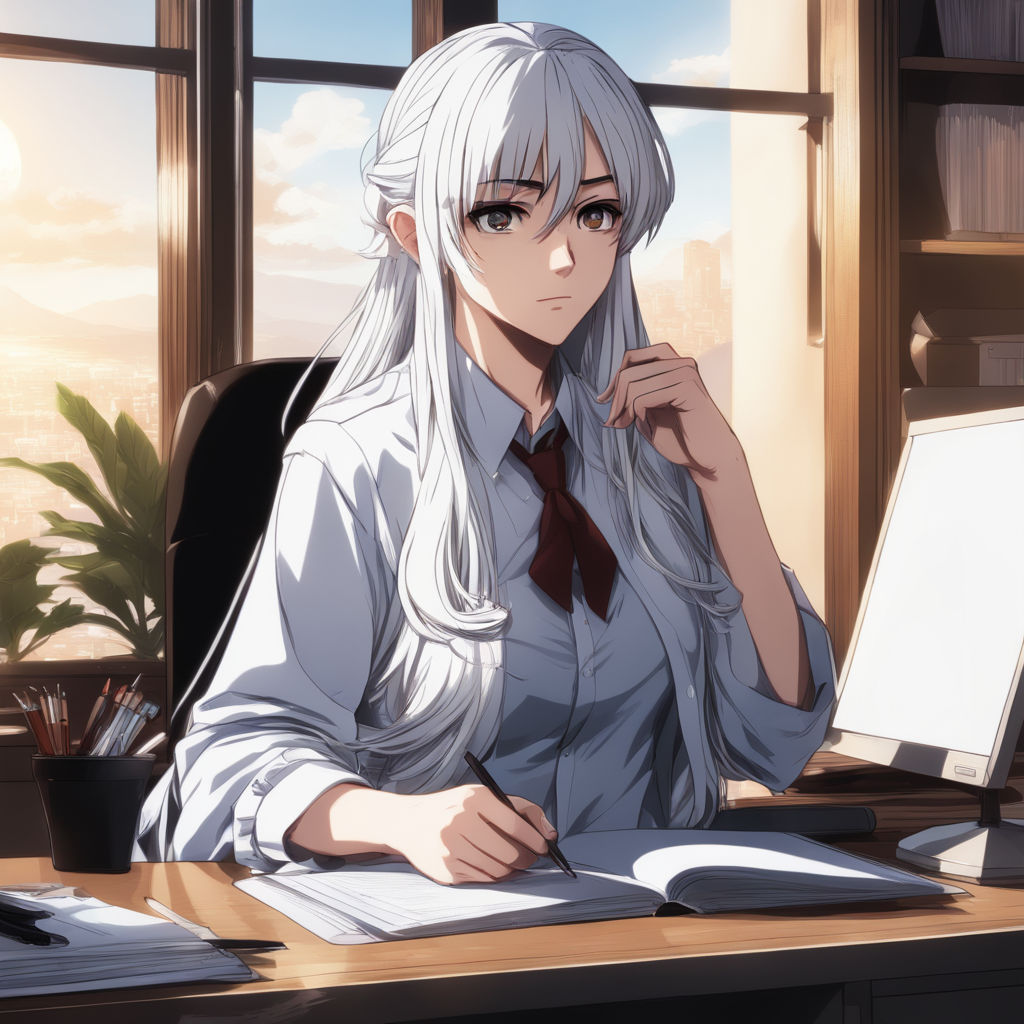 Premium AI Image | Anime girl sitting at a desk with a book and a computer  generative ai