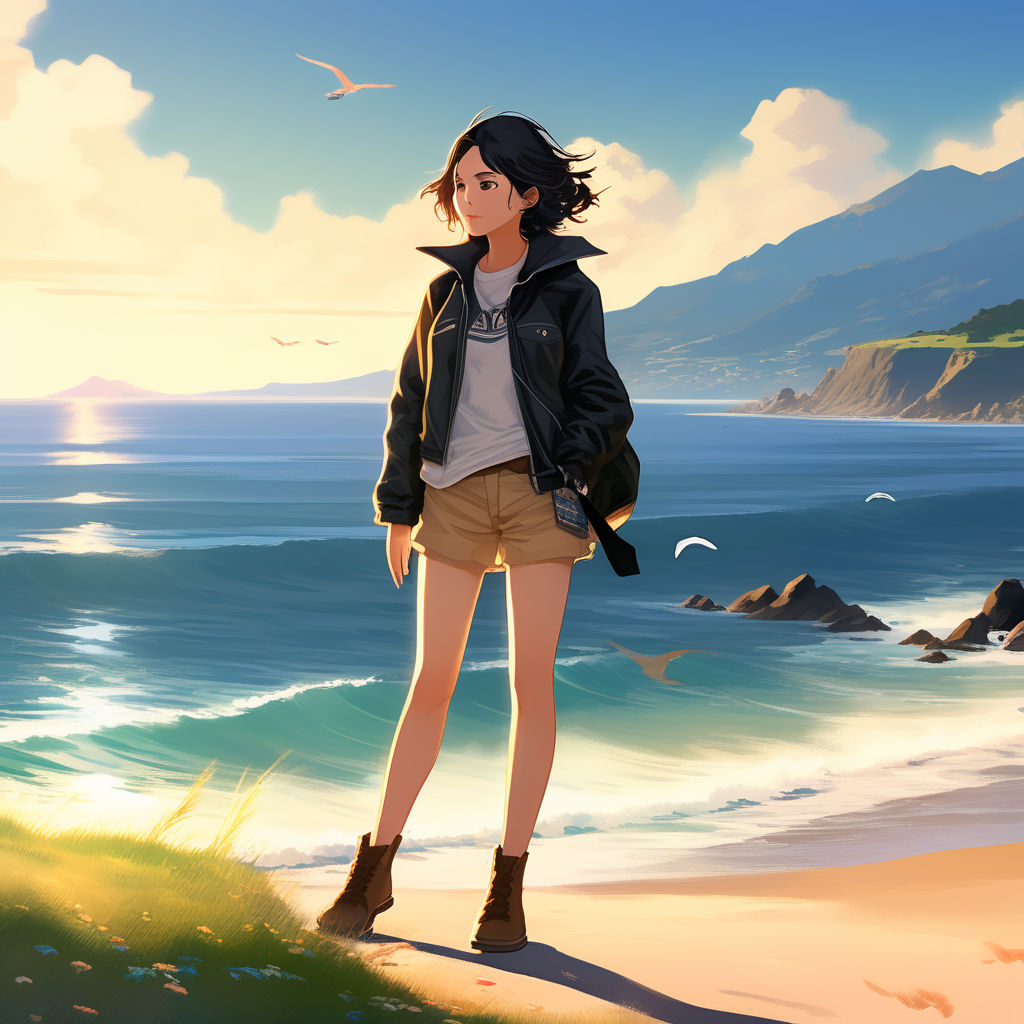 Delicate girl by the sea anime style
