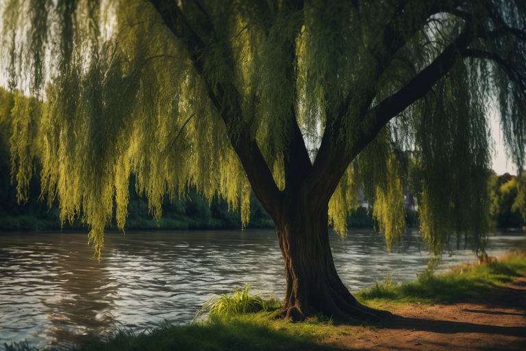 A weeping willow tree by the lake avec couché de soleil on Craiyon