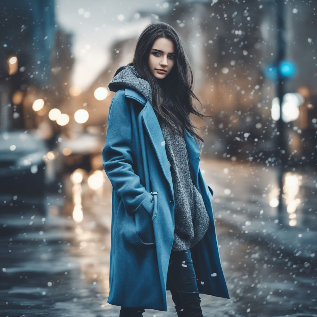 A beautiful woman with long hair in fashionable winter clothes