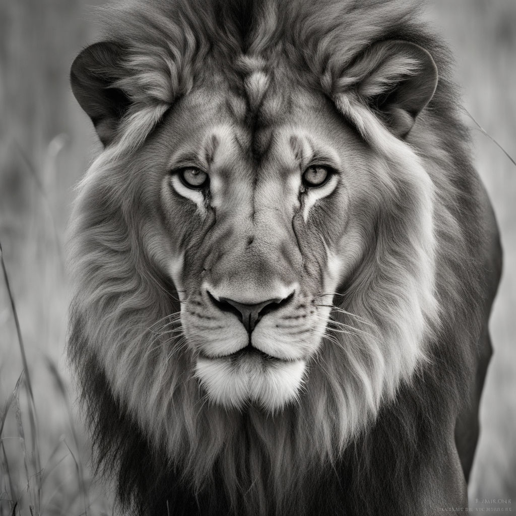 Black and white image of majestic lion