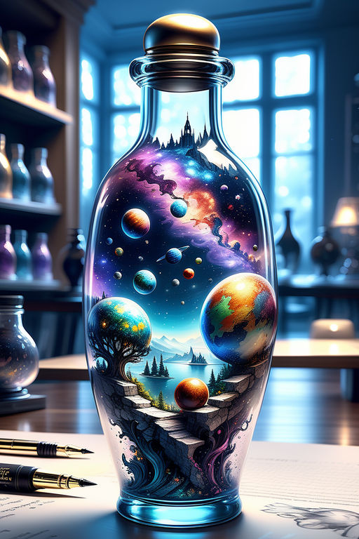 Magical wonderland in a 8K glass bottle, hyperdetailed, delicate