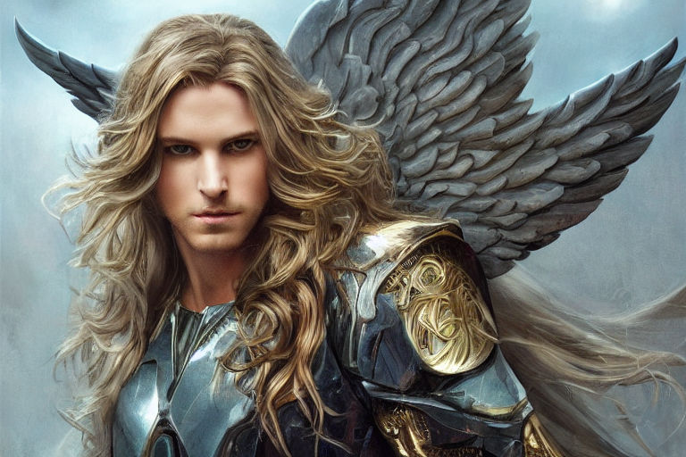 Prompt: male, Angel, man, long wavy hair, sexy, beautiful, nice, sweet, beautiful, male, golden hair, face, hypnotic eyes, piercing eyes, see eyes, , trending on artstation, sharp focus, studio photo, intricate details, highly detailed, by greg rutkowski