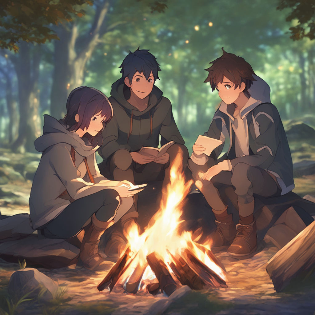 Premium Photo | Anime characters sitting around a campfire in a cave  generative ai