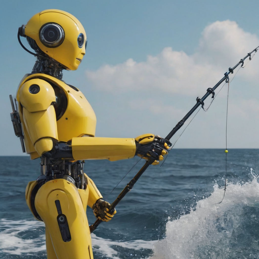 yellow humanoid robot fighting a green kraken in the ocean