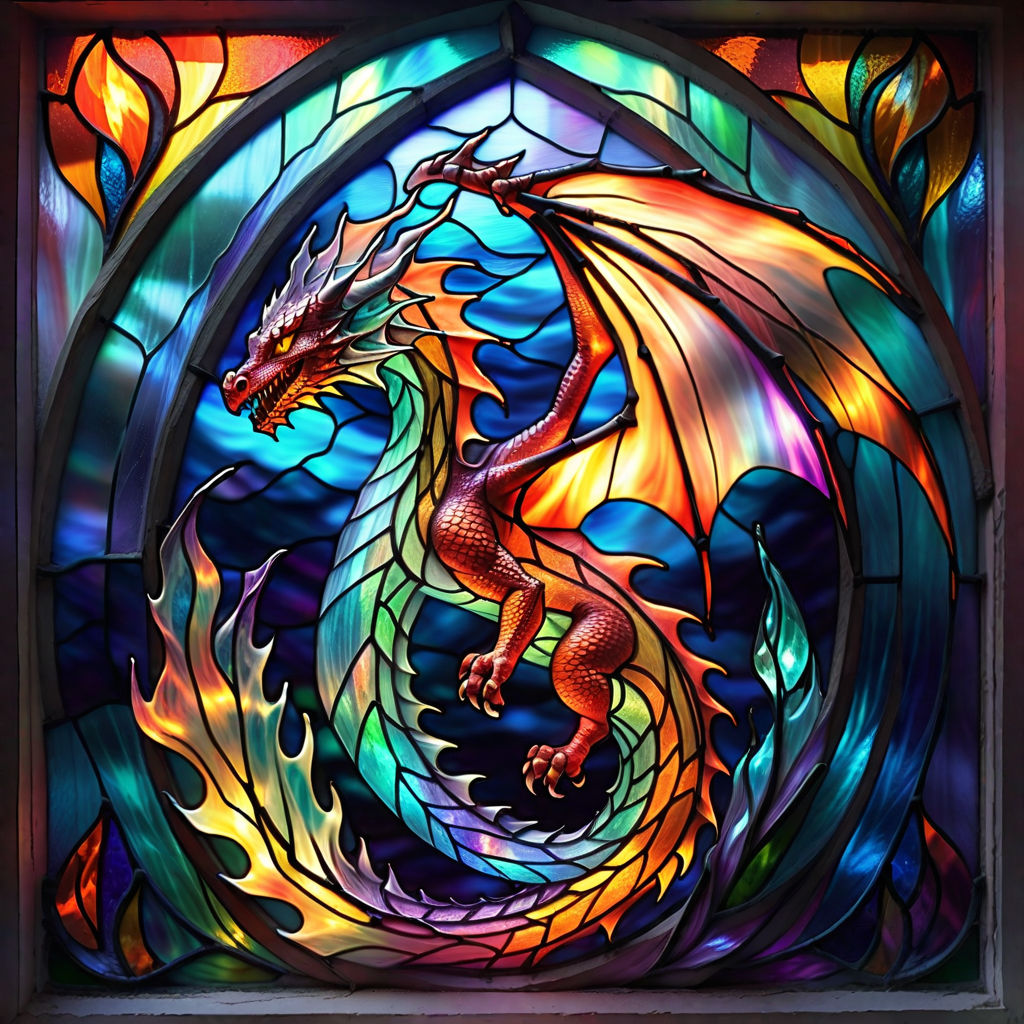 A stained glass window with the motif of a red dragon - Playground