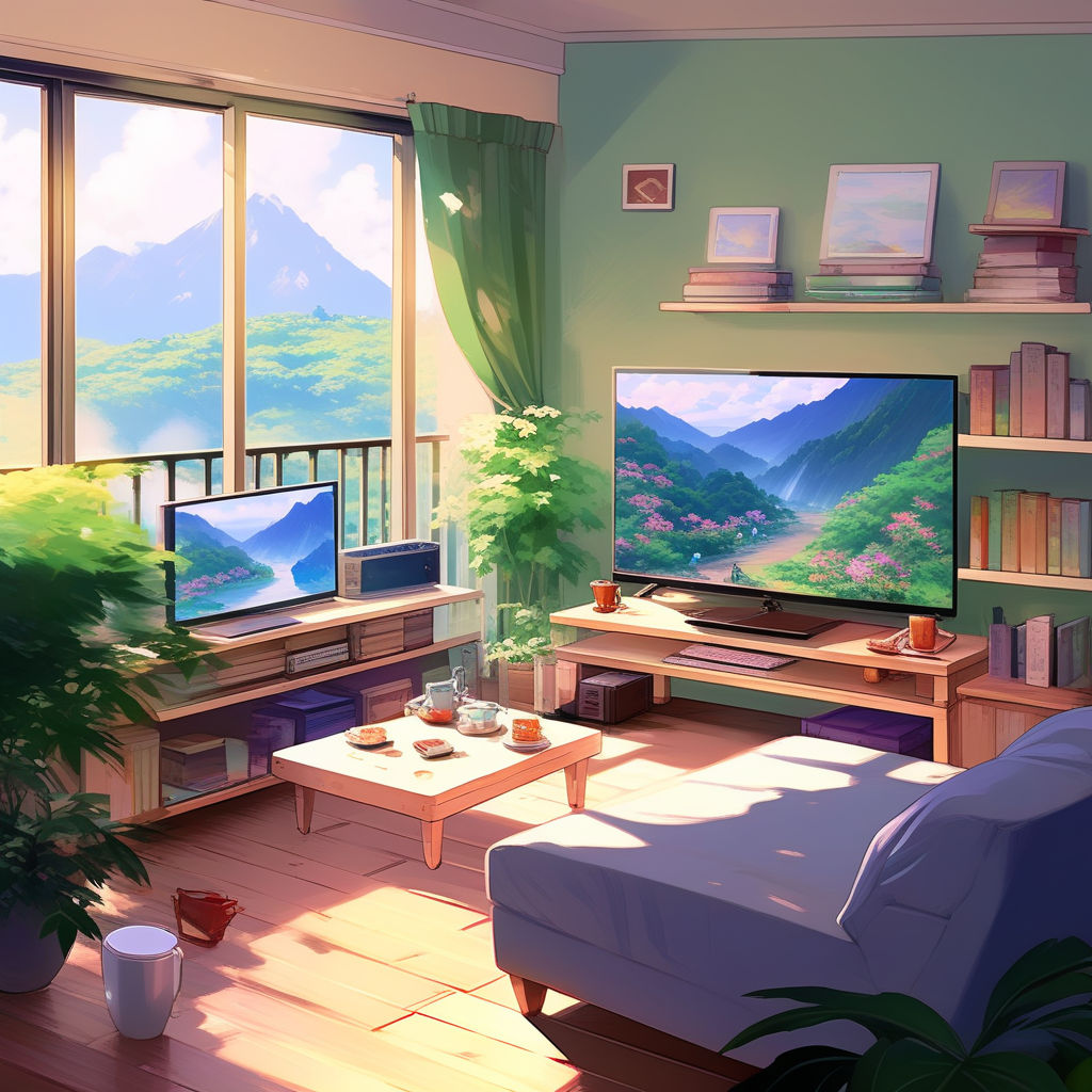 Lofi anime living room with large open blank window in background and  realistic shadows black and white on Craiyon