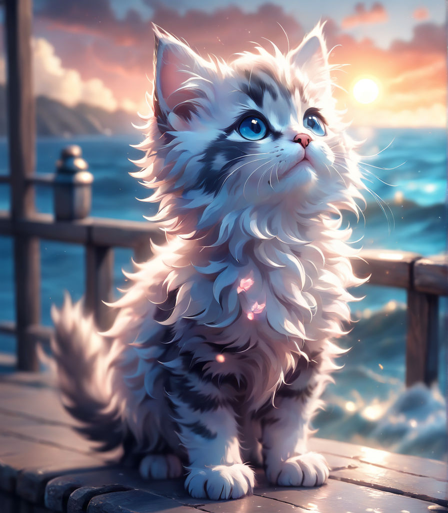 photorealistic fantastic portrait of a magical world where a cute kind cat  hugs a cat they wallpaper sit on a ship with a sail that sails on the sea  beautiful beautiful waves