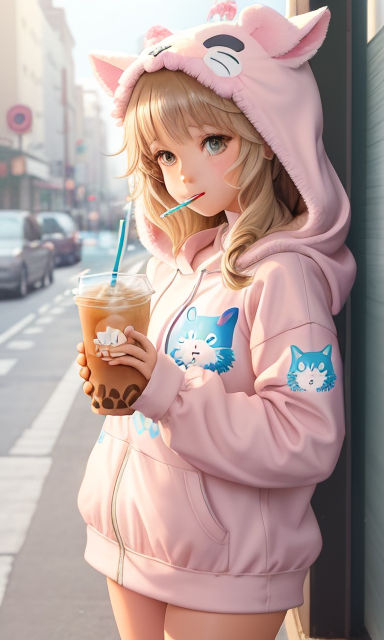 Kawaii anime girl with long wavy pink hair holding boba tea