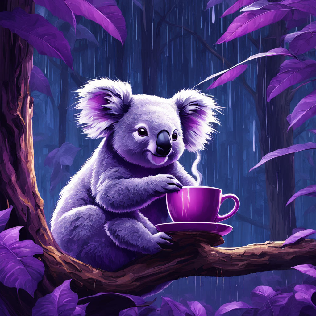 A Surreal Koala with a Tail of Rainbow Ribbons, Clinging To a