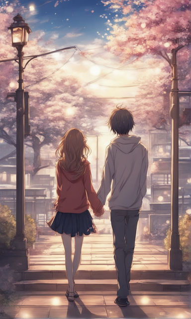 anime couples walking together