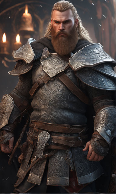 the dwarf has a thick twisty mustache and a long beard sticking out of the  football helmet with a gray and blue jersey over the shoulder pads' -  Playground AI