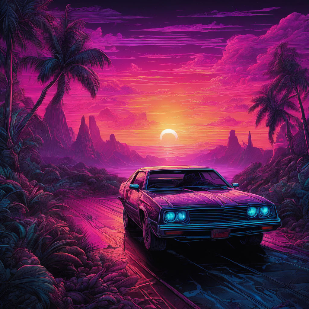 Vintage Sports Cars T-shirt Featuring A Retro Art Poster Illustration In  The Style Of Tropical Landscapes. The Design Is Inspired By The Synthwave  Genre And Features A Light Black And Amber Color