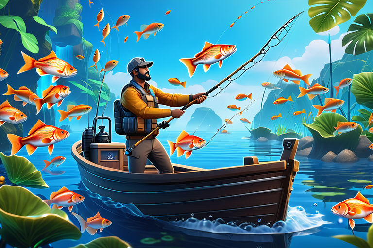 Happy smiling sitting fisherman character pull big huge enormous fish on fishing  pole hook bite from lake. Fishing hobby recreation sport nature concept  Stock Vector