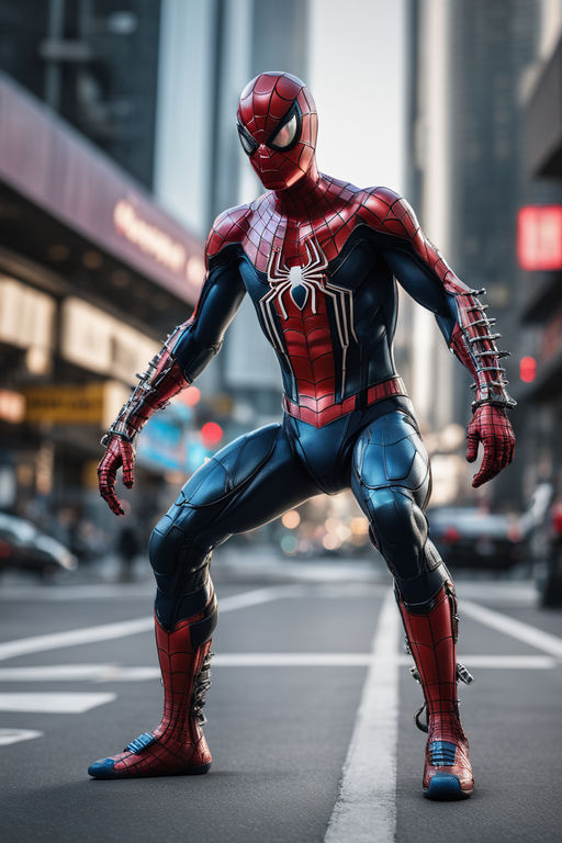 Titan's spiderman costume is a sleek, black bodysuit with web patterns  along the arms and legs. the design is heavily textured and incorporates  armor-like elements, providing protection from attacks. he also wears