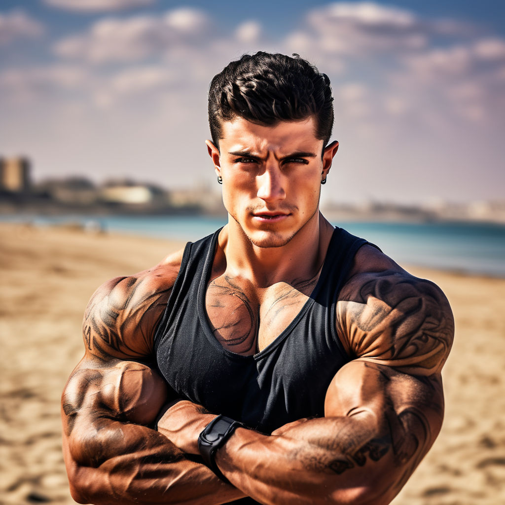 a wide field shot of a 25 year old Italian male insanely muscular