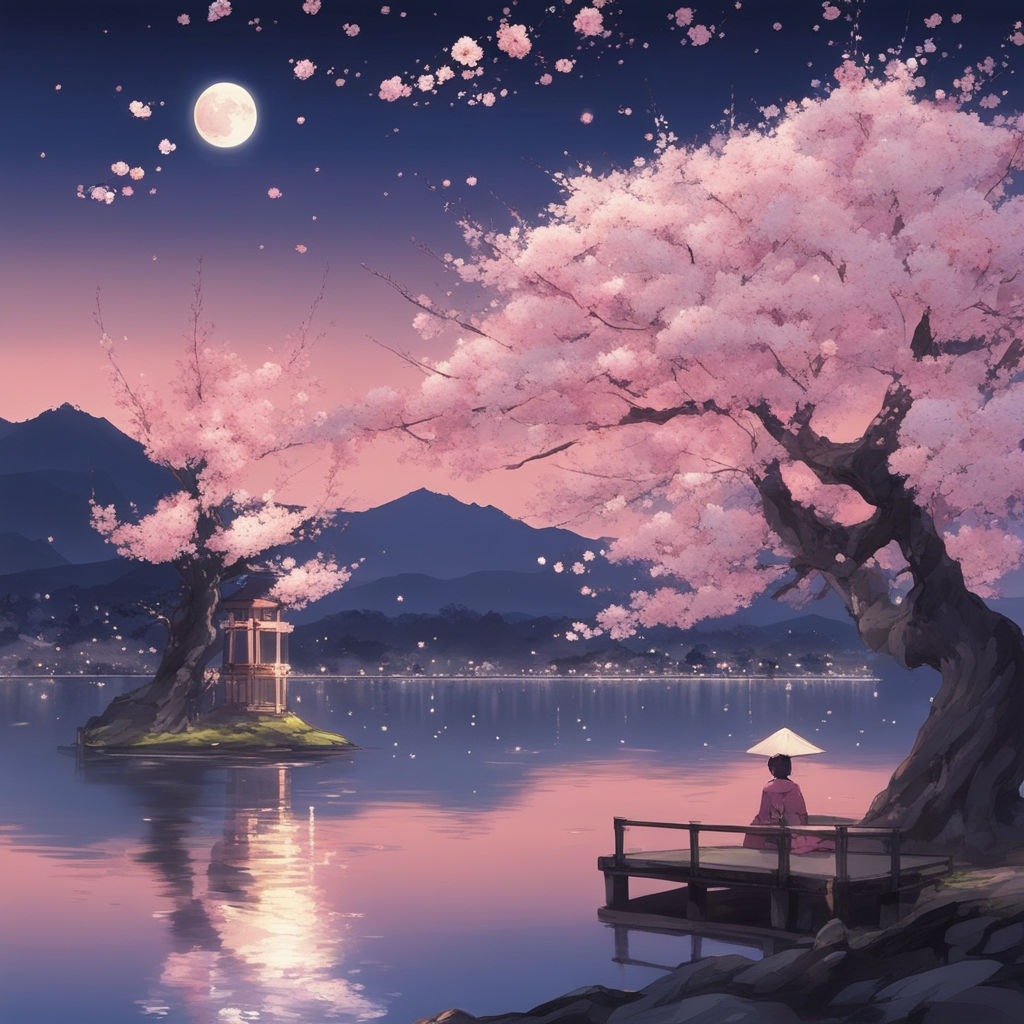 A pathway to a temple with sakura trees in full bloom, digital art