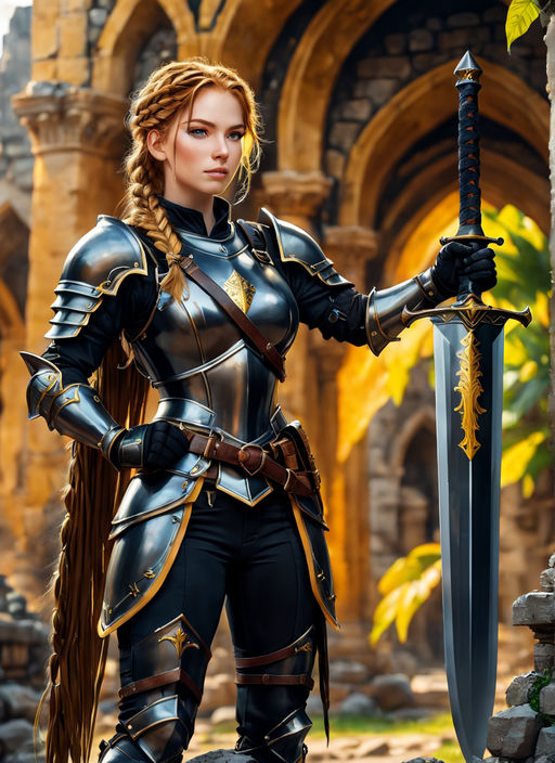 dressed in a medieval black female armor - Playground