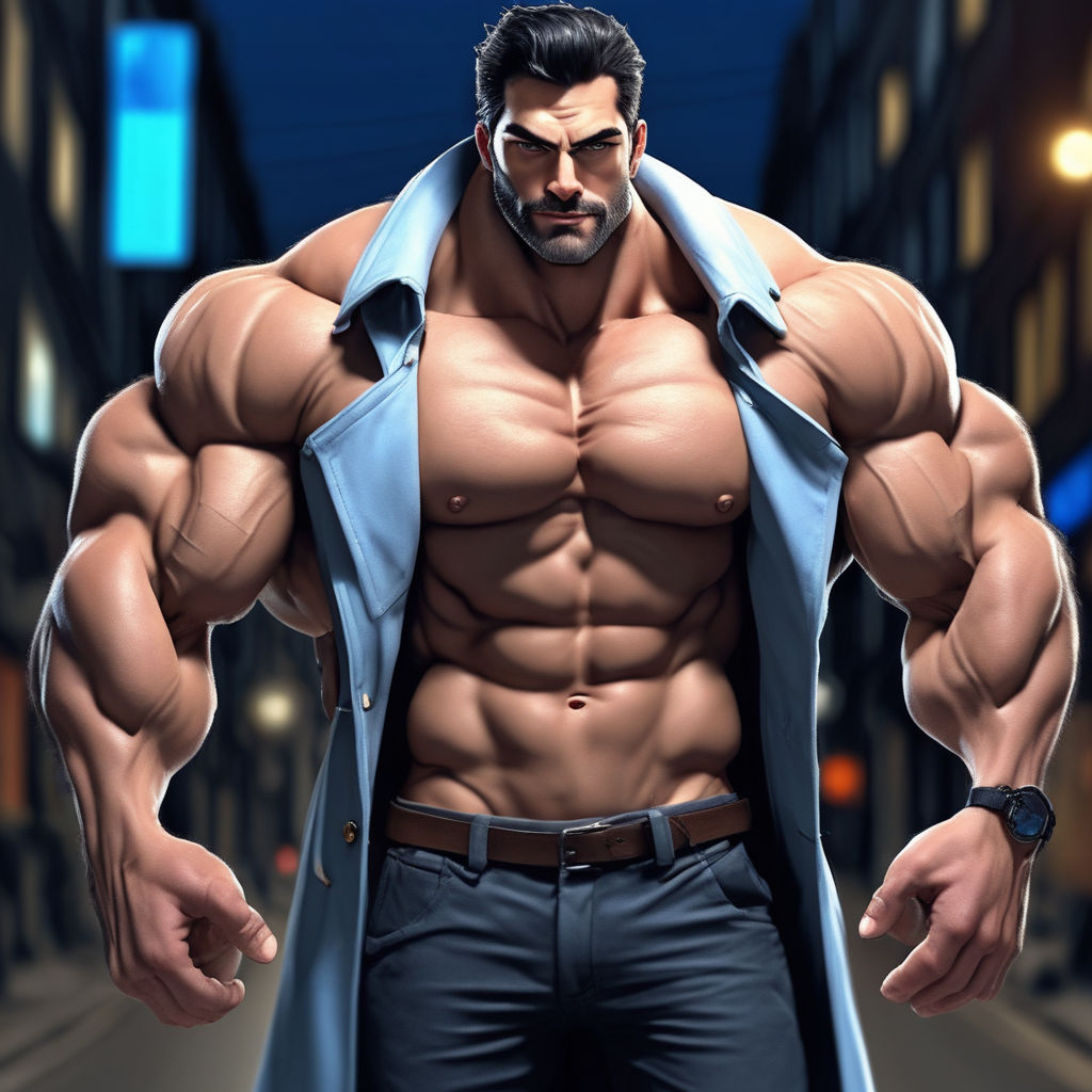 A humanoid jojo's stand with a bulky and imposing physique, with a thick  neck and large shoulders, wearing a trench coat and a hat