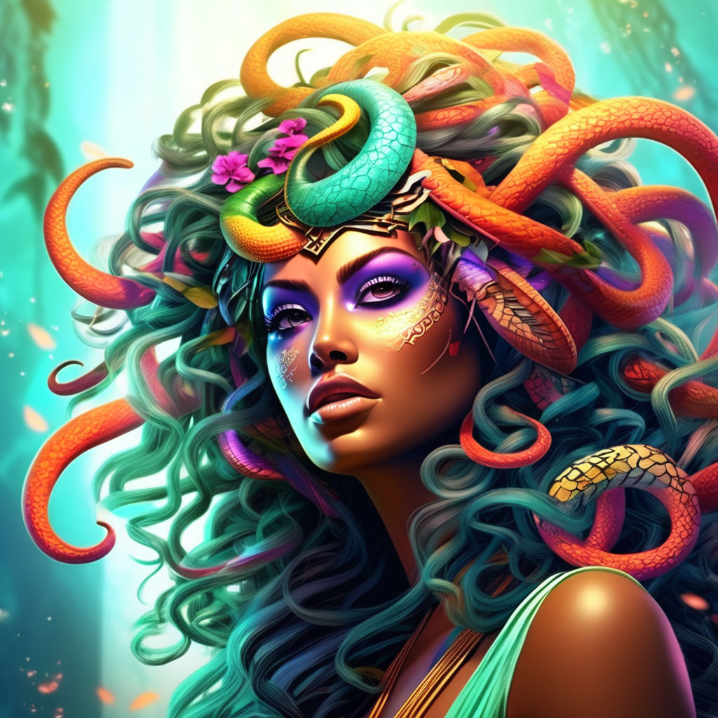 Medusa {{light eyes}} {{green snake hair}} wearing s