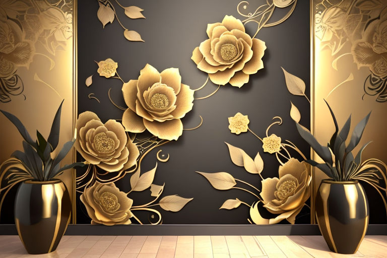 3d mural floral wallpaper. golden and black flowers and leaves. 3d