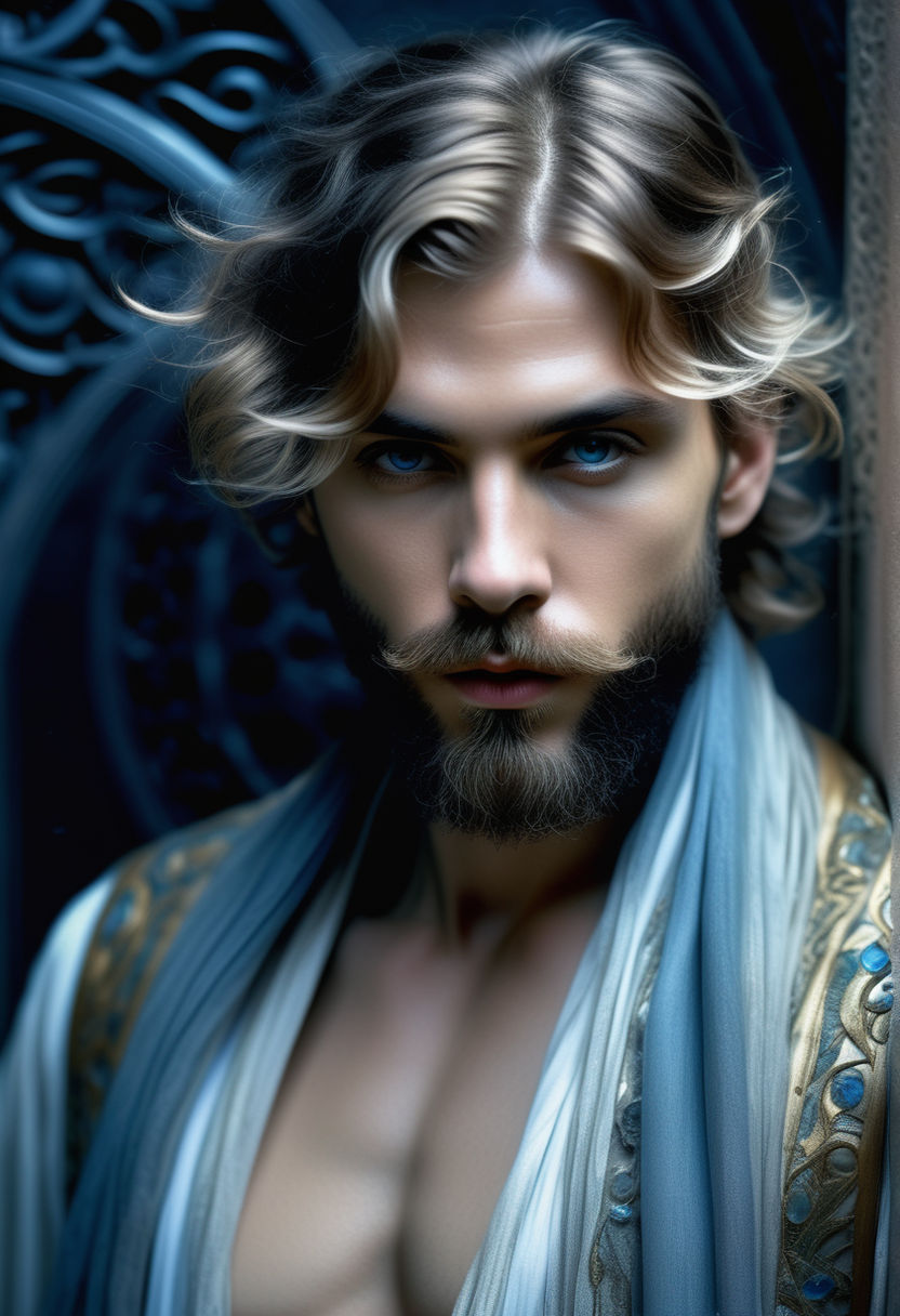 Create a young man with brown middle long hair he has blue eyes and wears ancient  greek cloth on Craiyon