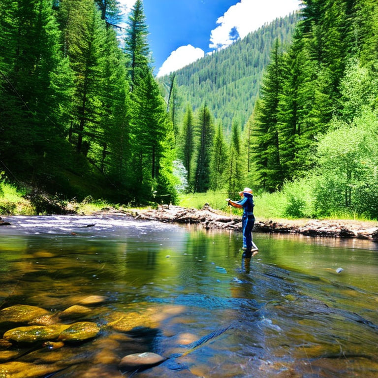 A DSLR photo of a woman fly fishing in a serene mountain stream