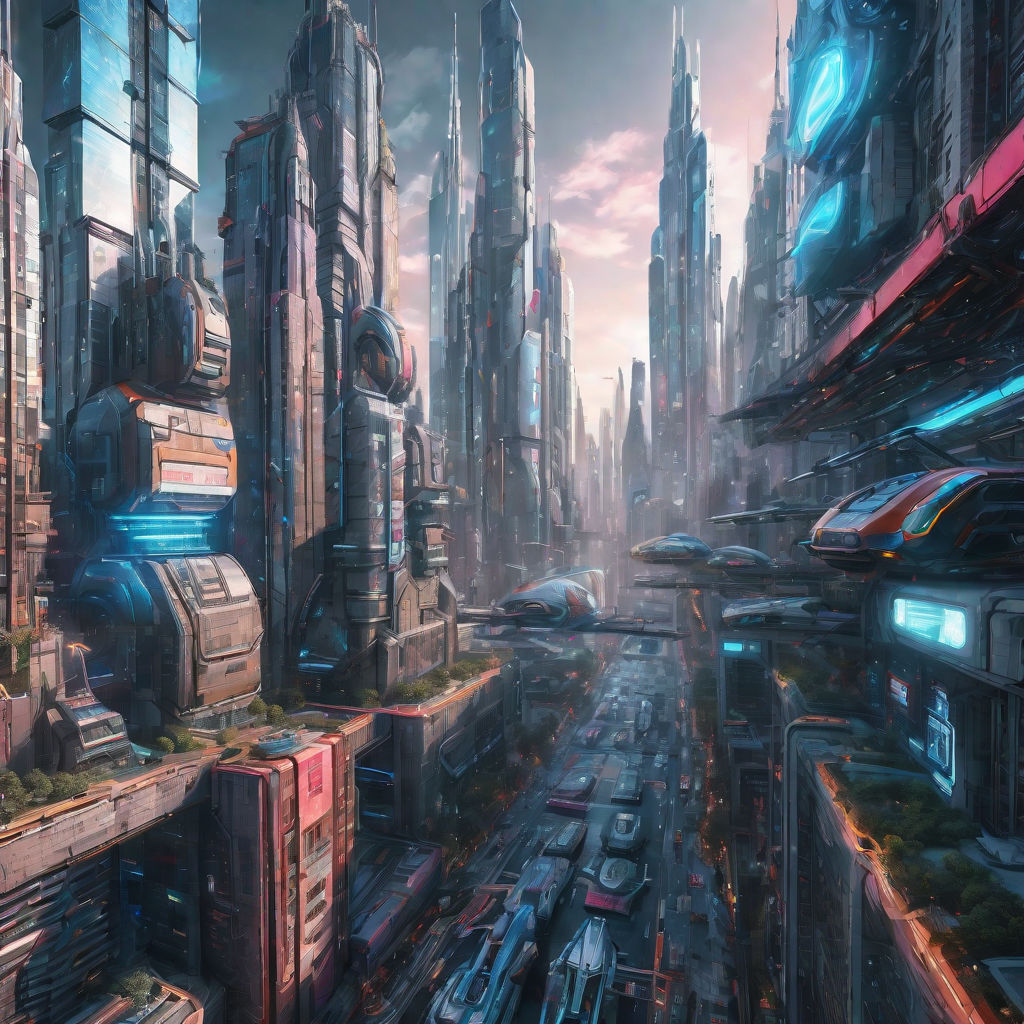 4K, cyberpunk, city, futuristic, cityscape, building, skyscraper, digital  art, mechs