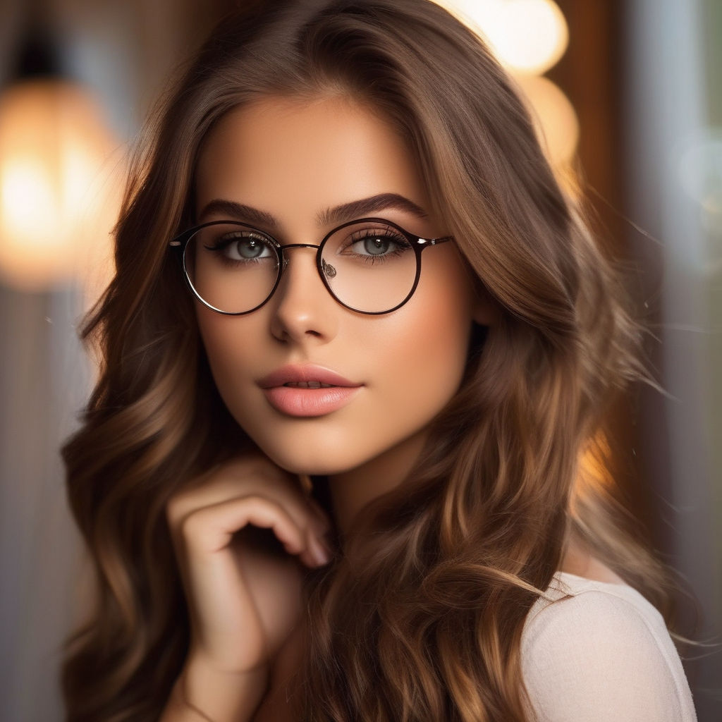 KREA - tall skinny 40 year old woman sitting, brown shoulder length curly  hair , small breasts, small rectangular glasses, square jaw, slender face,  gentle wide smile, violet coloured t-shirt