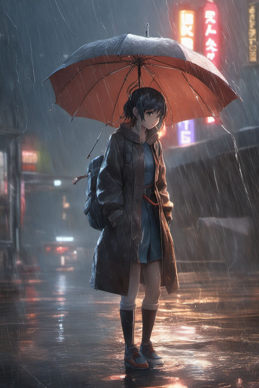 Premium Photo  A young girl a teenager looking out into the distance in  the rain with an umbrella anime style bad mood depression and despondency  ai generation