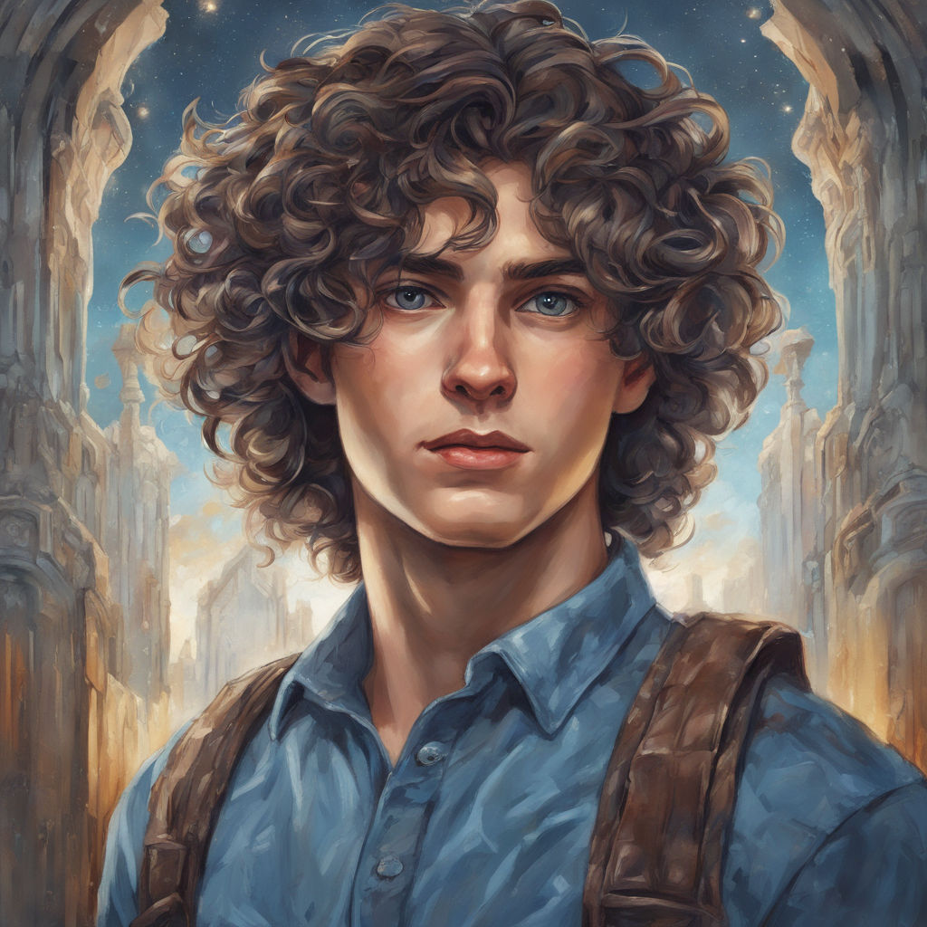 anime, fantasy medieval, boy, curly, chestnut brown hair, blue