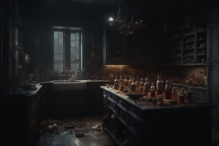 concept art of a dark victorian kitchen, at night, g