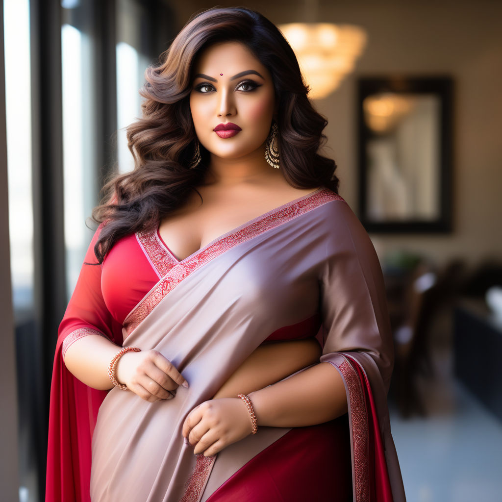 Sultry plus size well endowed full figured size 44 Bengali woman in  transparent red chiffon saree deep cuts sleeveless halter bustier wide deep  neck blouse size 44 in front of blackboard. - Playground