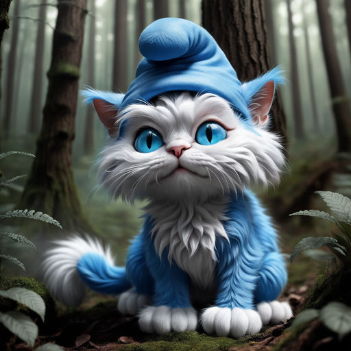 Cat dressed as smurf in the forest