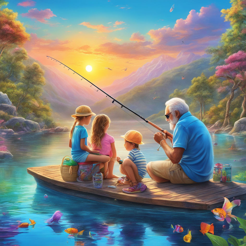 a wise old man and a young boy and girl are sitting on the shore