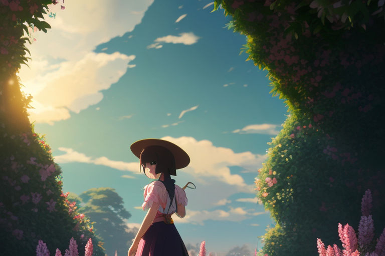 with a lavender and pink sky above. A gentle stream below reflects the  cat's silhouette. Render the scene in the detailed and emotive style of  anime artist Makoto Shinkai. - Playground